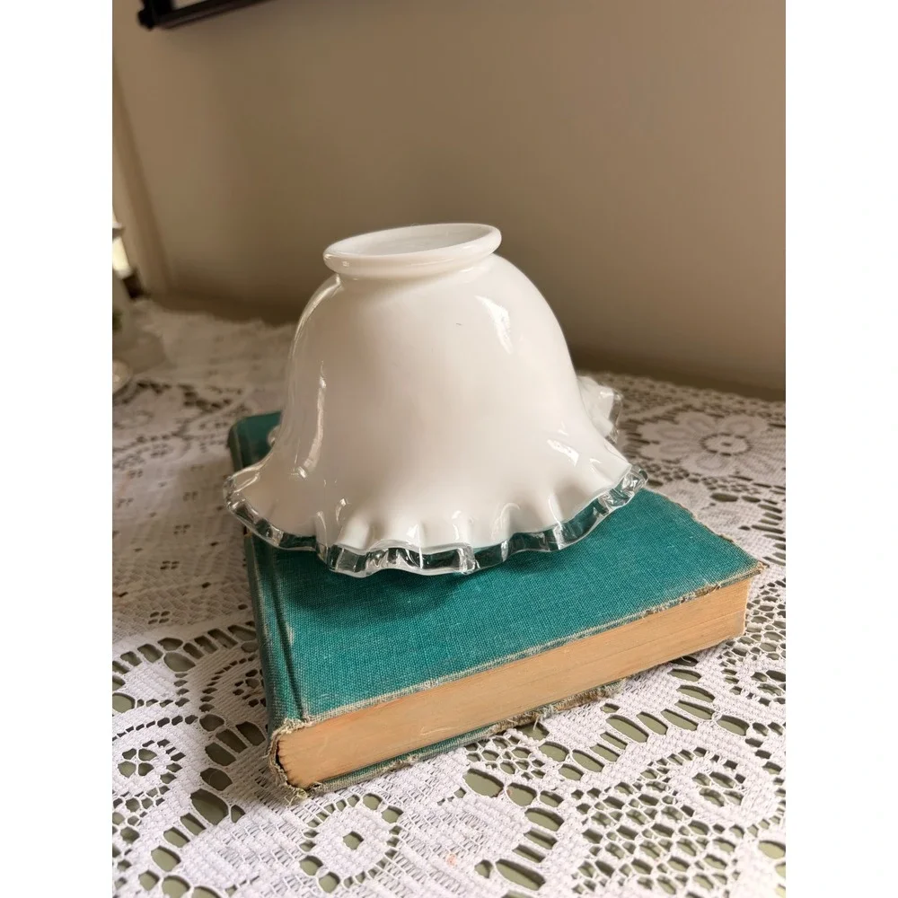 Fenton Milk Glass Silver Crest Ruffled Bowl Vintage White Clear Scalloped Edge